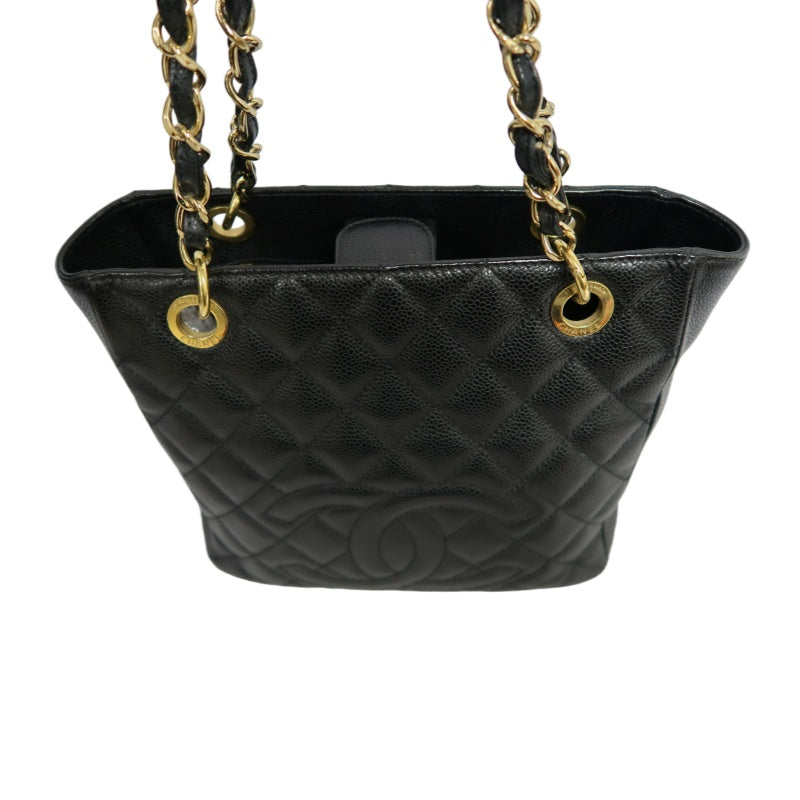 CHANEL GST Black Caviar Leather Quilted Chain Tote Shoulder Bag With Gold Hardware
