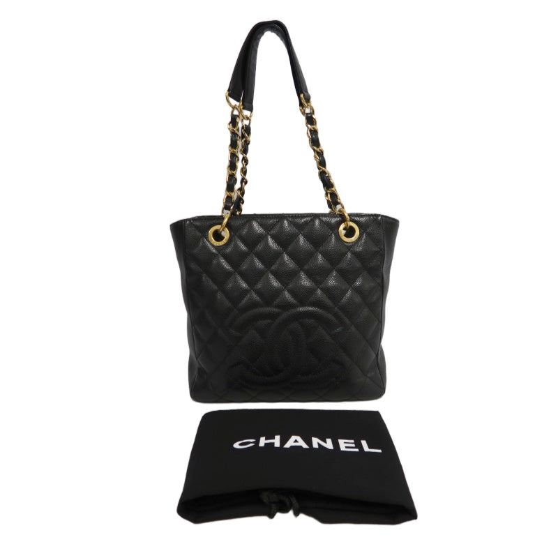 CHANEL GST Black Caviar Leather Quilted Chain Tote Shoulder Bag With Gold Hardware