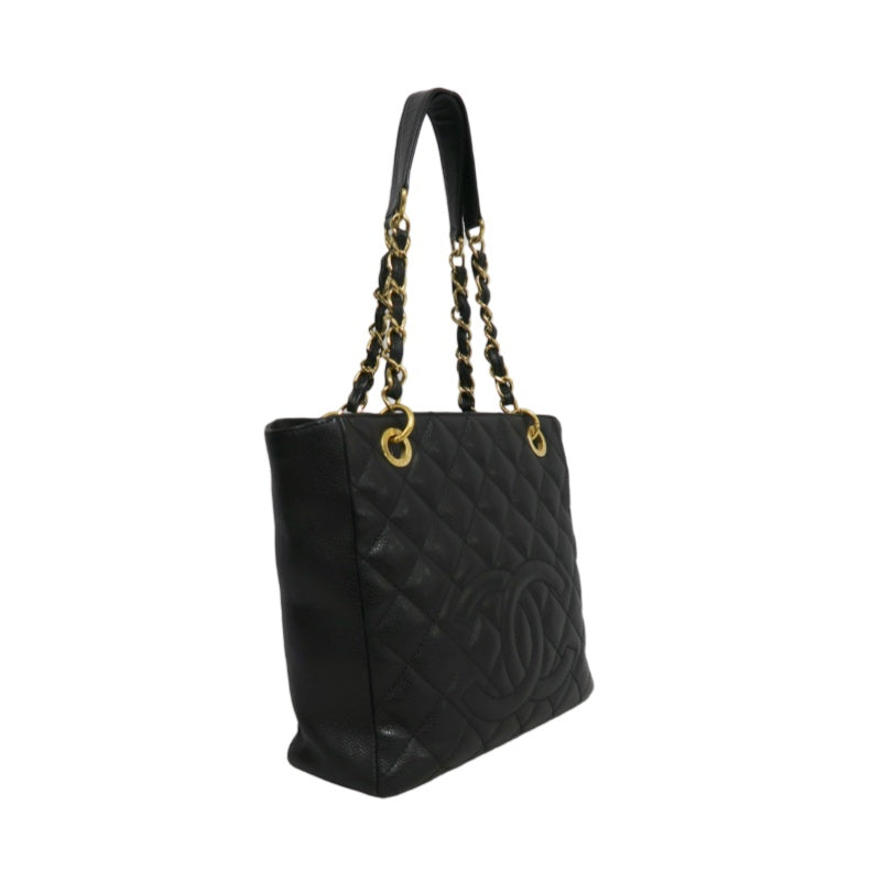 CHANEL GST Black Caviar Leather Quilted Chain Tote Shoulder Bag With Gold Hardware