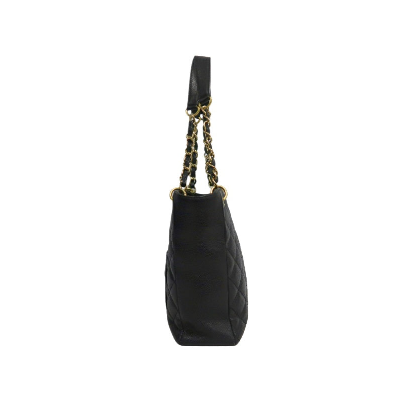 CHANEL GST Black Caviar Leather Quilted Chain Tote Shoulder Bag With Gold Hardware