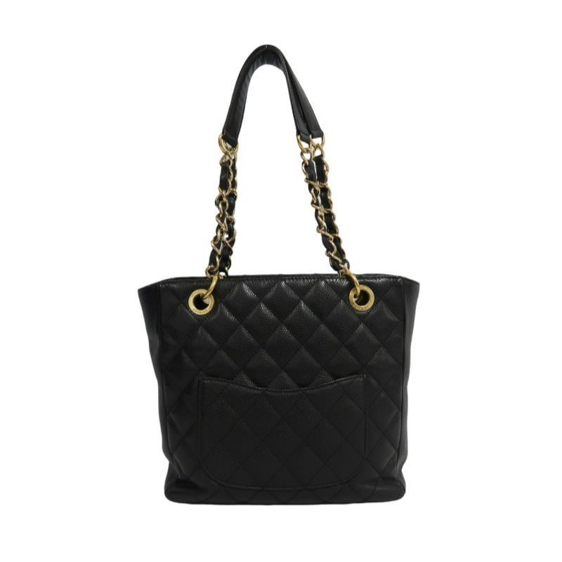 CHANEL GST Black Caviar Leather Quilted Chain Tote Shoulder Bag With Gold Hardware