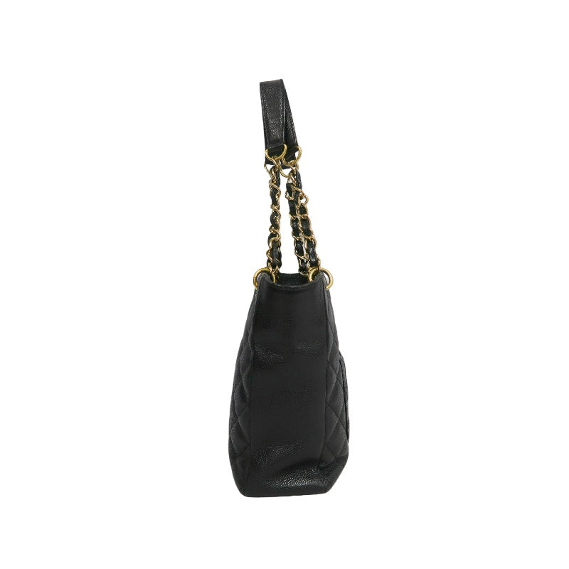 CHANEL GST Black Caviar Leather Quilted Chain Tote Shoulder Bag With Gold Hardware