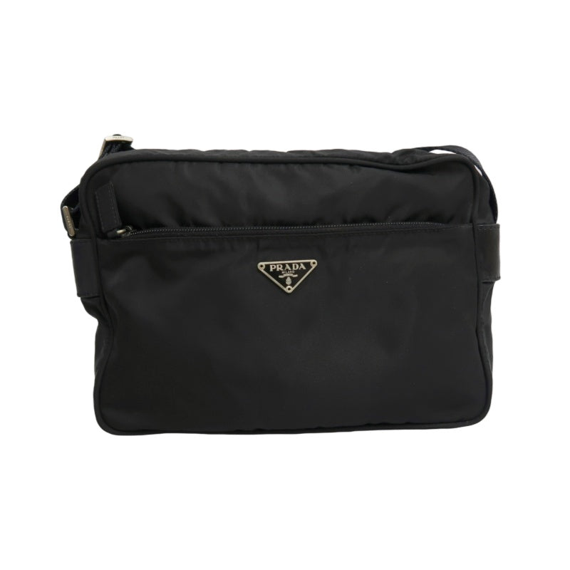 PRADA Nylon Triangle Logo Messenger Shoulder Bag Black Tessuto Nylon Saffiano Leather Trim Silver Hardware Front Pocket Spacious Unisex Casual Commute Classic Design