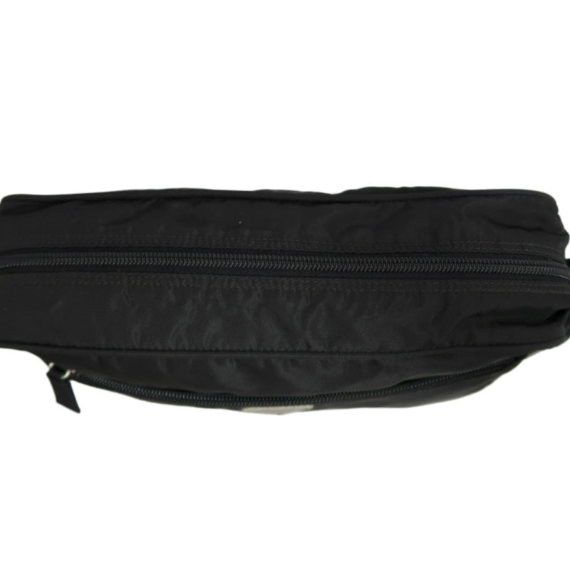 PRADA Nylon Triangle Logo Messenger Shoulder Bag Black Tessuto Nylon Saffiano Leather Trim Silver Hardware Front Pocket Spacious Unisex Casual Commute Classic Design