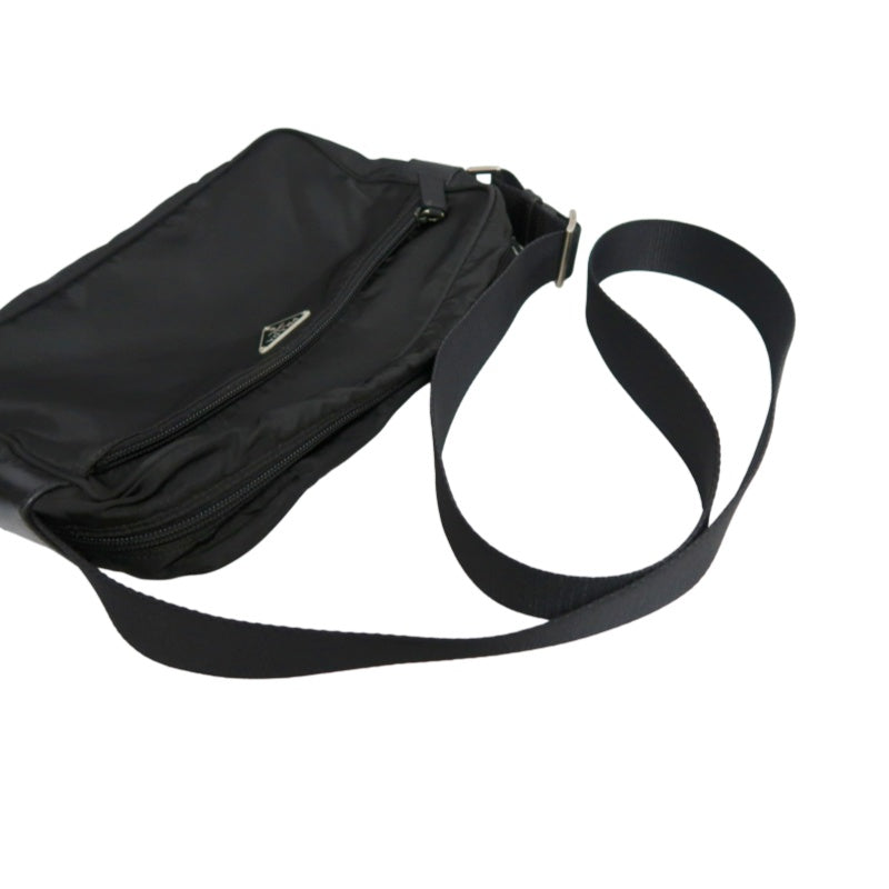 PRADA Nylon Triangle Logo Messenger Shoulder Bag Black Tessuto Nylon Saffiano Leather Trim Silver Hardware Front Pocket Spacious Unisex Casual Commute Classic Design