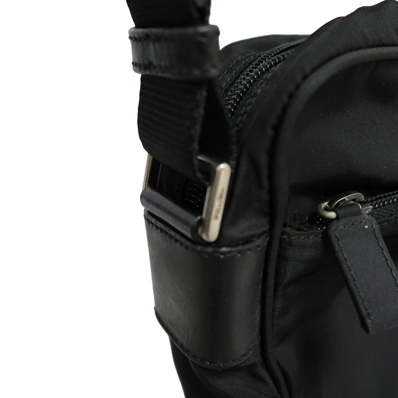 PRADA Nylon Triangle Logo Messenger Shoulder Bag Black Tessuto Nylon Saffiano Leather Trim Silver Hardware Front Pocket Spacious Unisex Casual Commute Classic Design