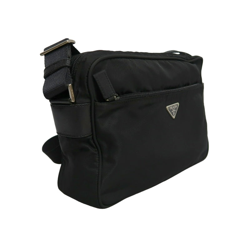 PRADA Nylon Triangle Logo Messenger Shoulder Bag Black Tessuto Nylon Saffiano Leather Trim Silver Hardware Front Pocket Spacious Unisex Casual Commute Classic Design