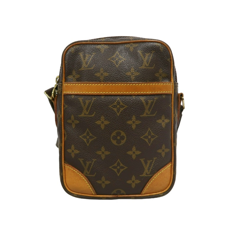 LOUIS VUITTON Monogram Danube Square Crossbody Shoulder Bag Brown Classic Canvas Tan Patina Leather Trim Gold Hardware Front Slip Pocket Compact Unisex Iconic Timeless Vintage Bag