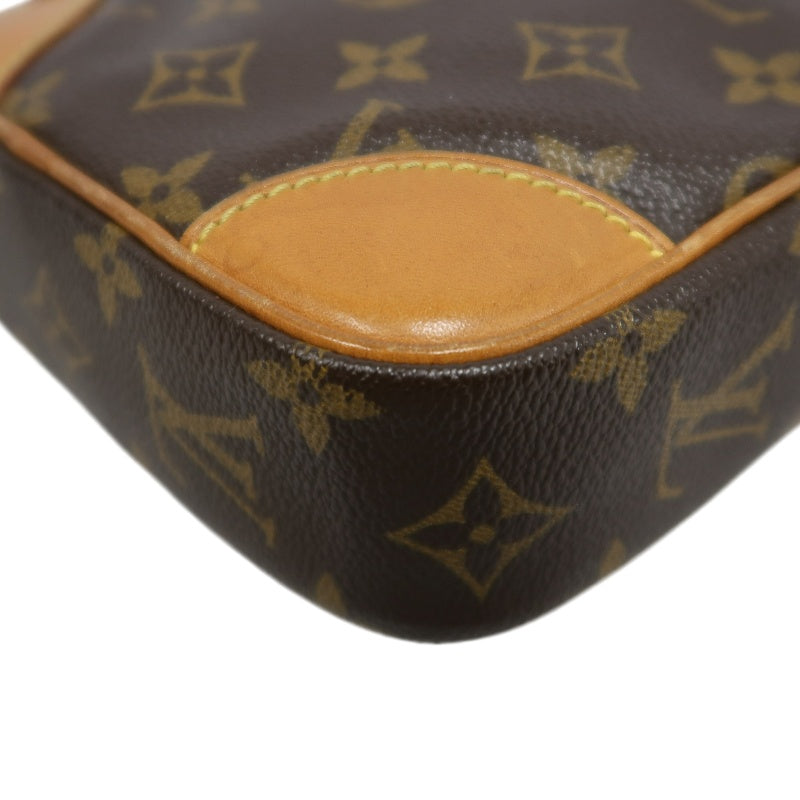 LOUIS VUITTON Monogram Danube Square Crossbody Shoulder Bag Brown Classic Canvas Tan Patina Leather Trim Gold Hardware Front Slip Pocket Compact Unisex Iconic Timeless Vintage Bag