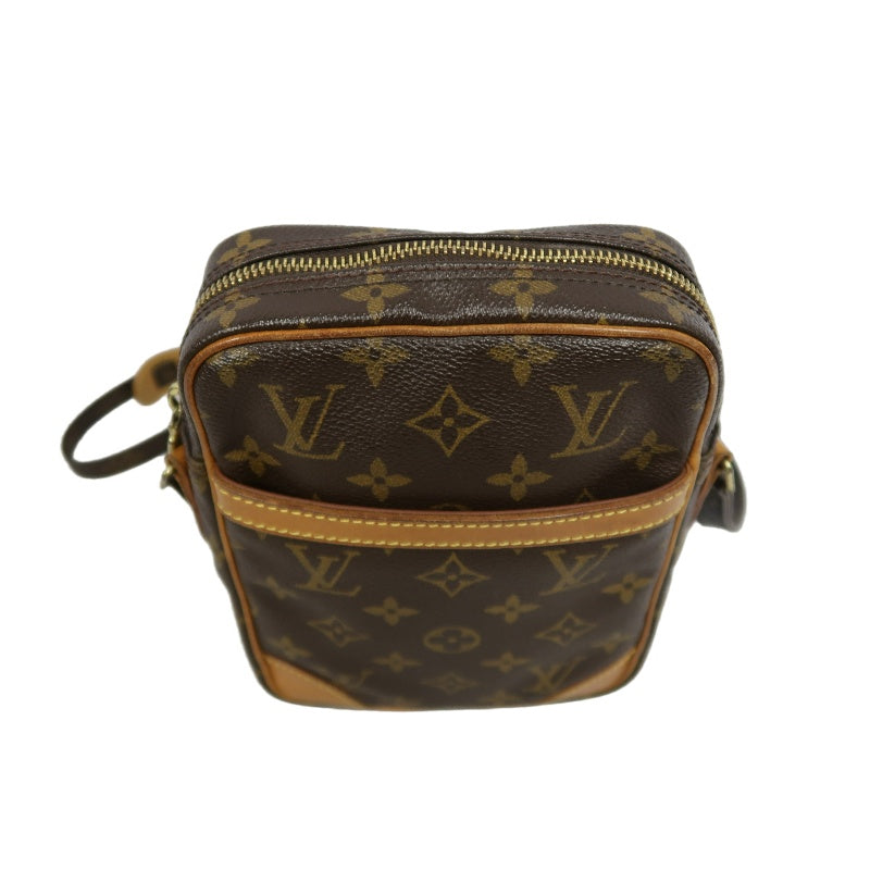 LOUIS VUITTON Monogram Danube Square Crossbody Shoulder Bag Brown Classic Canvas Tan Patina Leather Trim Gold Hardware Front Slip Pocket Compact Unisex Iconic Timeless Vintage Bag