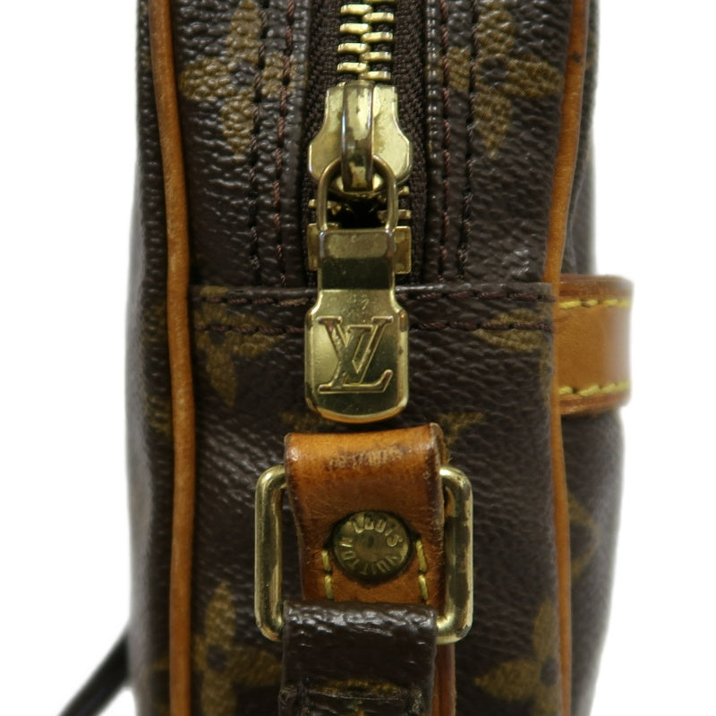 LOUIS VUITTON Monogram Danube Square Crossbody Shoulder Bag Brown Classic Canvas Tan Patina Leather Trim Gold Hardware Front Slip Pocket Compact Unisex Iconic Timeless Vintage Bag