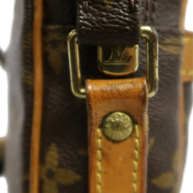 LOUIS VUITTON Monogram Danube Square Crossbody Shoulder Bag Brown Classic Canvas Tan Patina Leather Trim Gold Hardware Front Slip Pocket Compact Unisex Iconic Timeless Vintage Bag