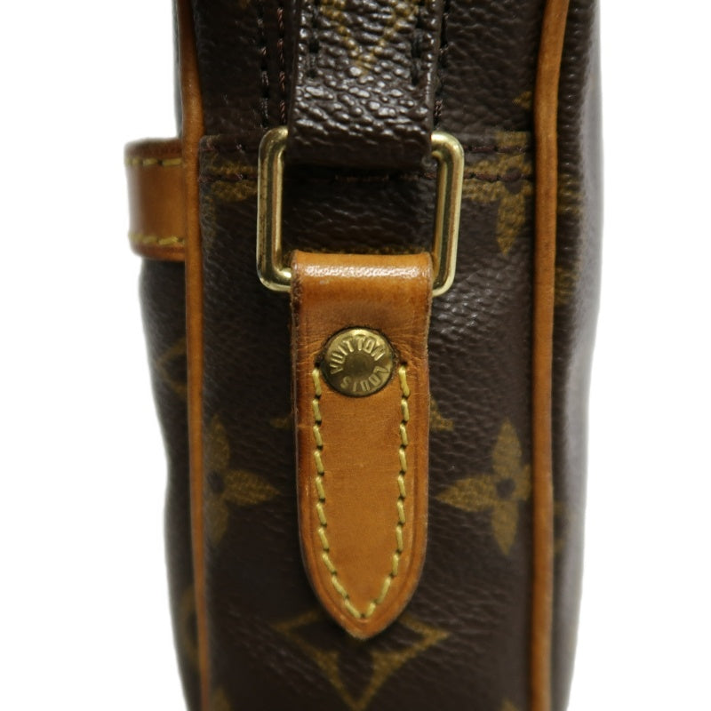 LOUIS VUITTON Monogram Danube Square Crossbody Shoulder Bag Brown Classic Canvas Tan Patina Leather Trim Gold Hardware Front Slip Pocket Compact Unisex Iconic Timeless Vintage Bag