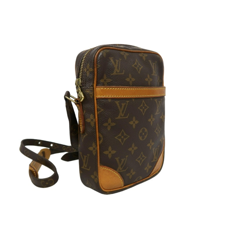 LOUIS VUITTON Monogram Danube Square Crossbody Shoulder Bag Brown Classic Canvas Tan Patina Leather Trim Gold Hardware Front Slip Pocket Compact Unisex Iconic Timeless Vintage Bag