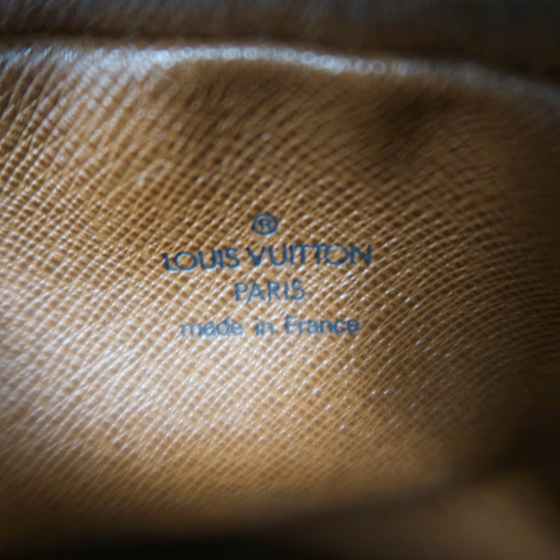 LOUIS VUITTON Monogram Danube Square Crossbody Shoulder Bag Brown Classic Canvas Tan Patina Leather Trim Gold Hardware Front Slip Pocket Compact Unisex Iconic Timeless Vintage Bag