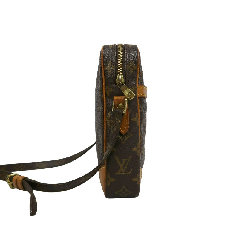 LOUIS VUITTON Monogram Danube Square Crossbody Shoulder Bag Brown Classic Canvas Tan Patina Leather Trim Gold Hardware Front Slip Pocket Compact Unisex Iconic Timeless Vintage Bag