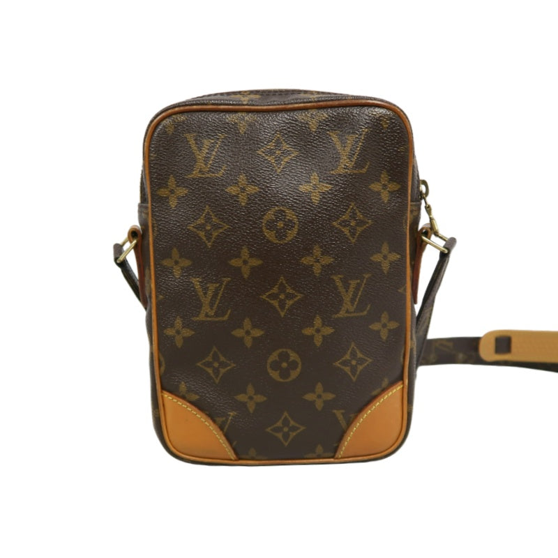 LOUIS VUITTON Monogram Danube Square Crossbody Shoulder Bag Brown Classic Canvas Tan Patina Leather Trim Gold Hardware Front Slip Pocket Compact Unisex Iconic Timeless Vintage Bag