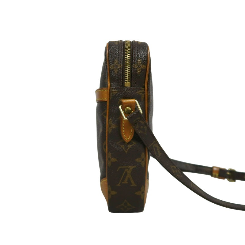 LOUIS VUITTON Monogram Danube Square Crossbody Shoulder Bag Brown Classic Canvas Tan Patina Leather Trim Gold Hardware Front Slip Pocket Compact Unisex Iconic Timeless Vintage Bag