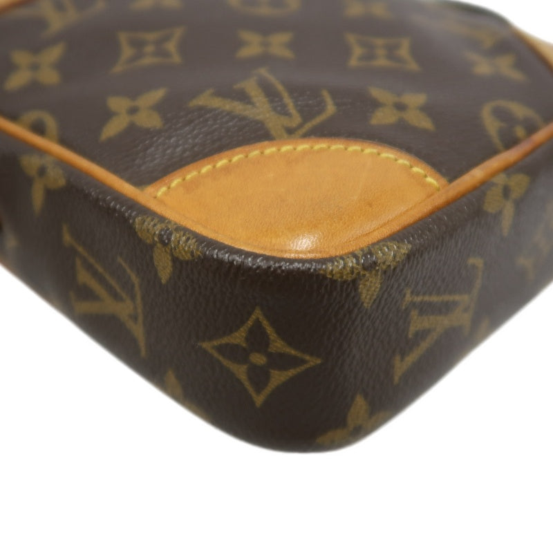 LOUIS VUITTON Monogram Danube Square Crossbody Shoulder Bag Brown Classic Canvas Tan Patina Leather Trim Gold Hardware Front Slip Pocket Compact Unisex Iconic Timeless Vintage Bag