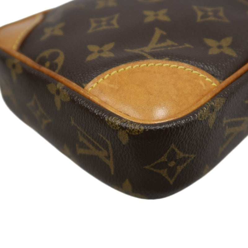 LOUIS VUITTON Monogram Danube Square Crossbody Shoulder Bag Brown Classic Canvas Tan Patina Leather Trim Gold Hardware Front Slip Pocket Compact Unisex Iconic Timeless Vintage Bag