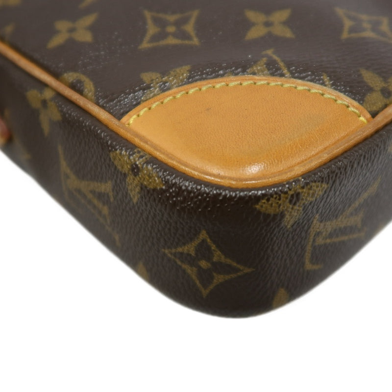 LOUIS VUITTON Monogram Danube Square Crossbody Shoulder Bag Brown Classic Canvas Tan Patina Leather Trim Gold Hardware Front Slip Pocket Compact Unisex Iconic Timeless Vintage Bag