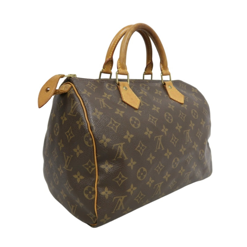 LOUIS VUITTON Monogram Speedy 30 Handbag Canvas Cowhide Brown Gold Hardware