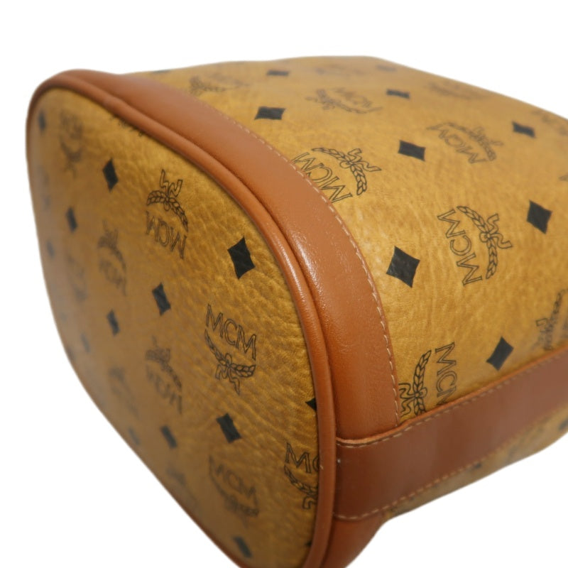 MCM Visetos Classic Monogram Camel Brown Drawstring Bucket Shoulder Crossbody Bag With Leather Trim, Gold Hardware