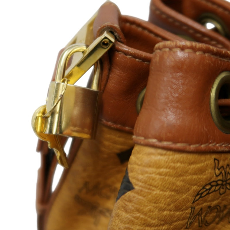 MCM Visetos Classic Monogram Camel Brown Drawstring Bucket Shoulder Crossbody Bag With Leather Trim, Gold Hardware