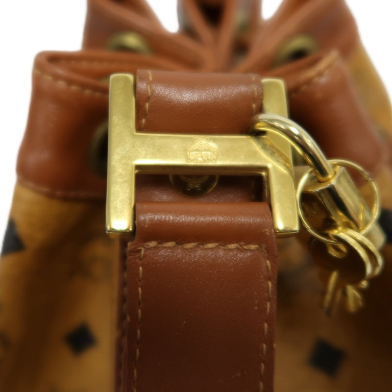 MCM Visetos Classic Monogram Camel Brown Drawstring Bucket Shoulder Crossbody Bag With Leather Trim, Gold Hardware