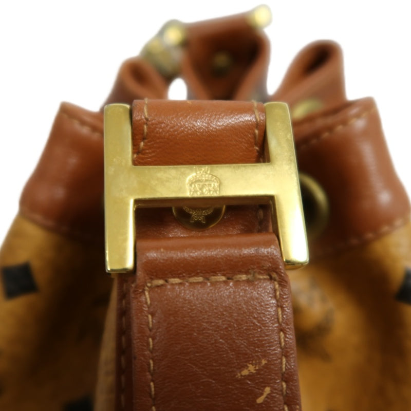 MCM Visetos Classic Monogram Camel Brown Drawstring Bucket Shoulder Crossbody Bag With Leather Trim, Gold Hardware