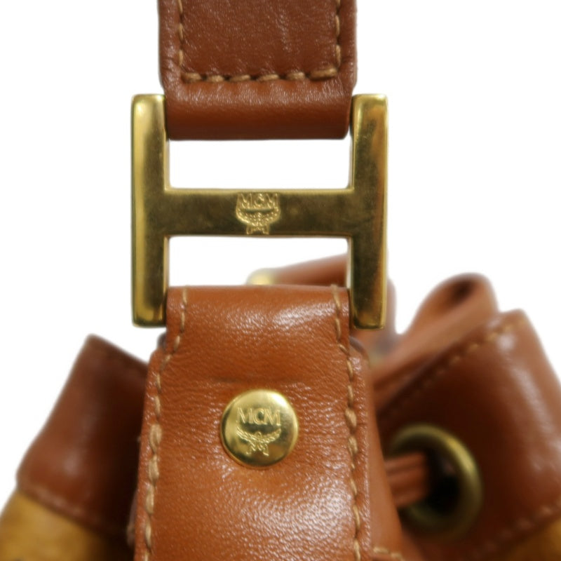 MCM Visetos Classic Monogram Camel Brown Drawstring Bucket Shoulder Crossbody Bag With Leather Trim, Gold Hardware