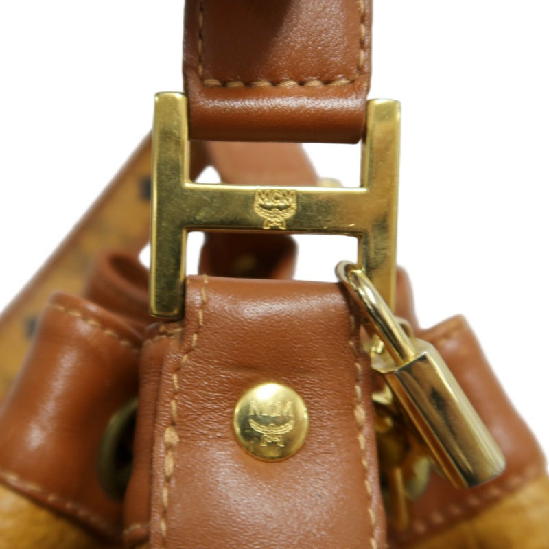 MCM Visetos Classic Monogram Camel Brown Drawstring Bucket Shoulder Crossbody Bag With Leather Trim, Gold Hardware