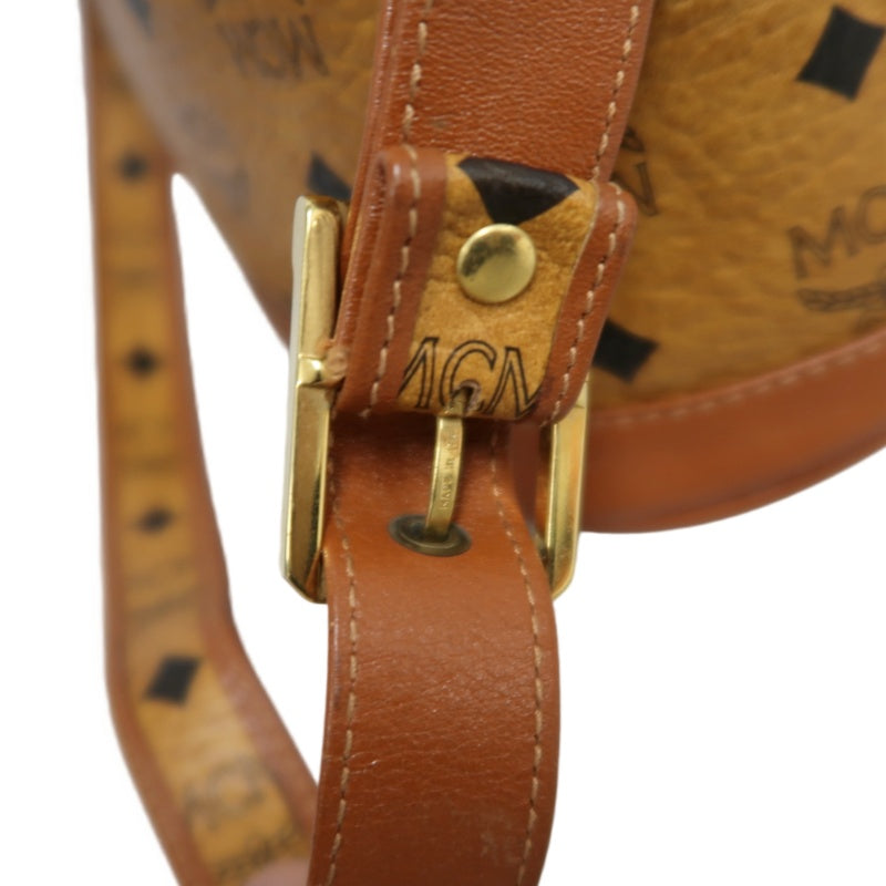 MCM Visetos Classic Monogram Camel Brown Drawstring Bucket Shoulder Crossbody Bag With Leather Trim, Gold Hardware