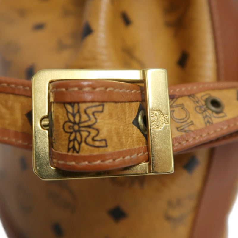 MCM Visetos Classic Monogram Camel Brown Drawstring Bucket Shoulder Crossbody Bag With Leather Trim, Gold Hardware