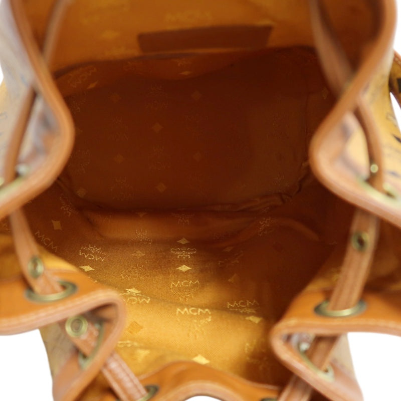 MCM Visetos Classic Monogram Camel Brown Drawstring Bucket Shoulder Crossbody Bag With Leather Trim, Gold Hardware