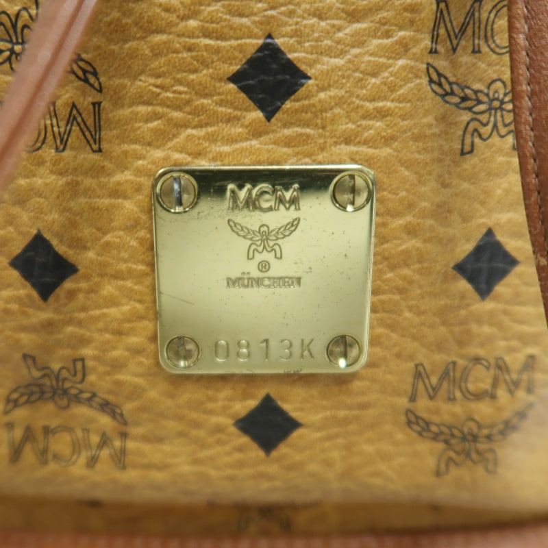 MCM Visetos Classic Monogram Camel Brown Drawstring Bucket Shoulder Crossbody Bag With Leather Trim, Gold Hardware