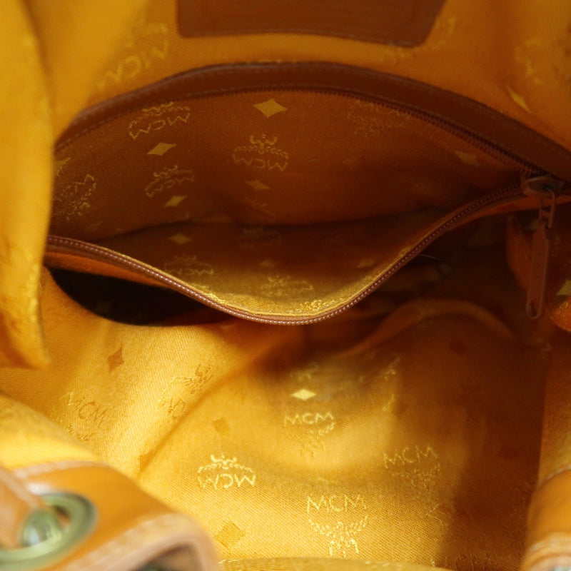MCM Visetos Classic Monogram Camel Brown Drawstring Bucket Shoulder Crossbody Bag With Leather Trim, Gold Hardware