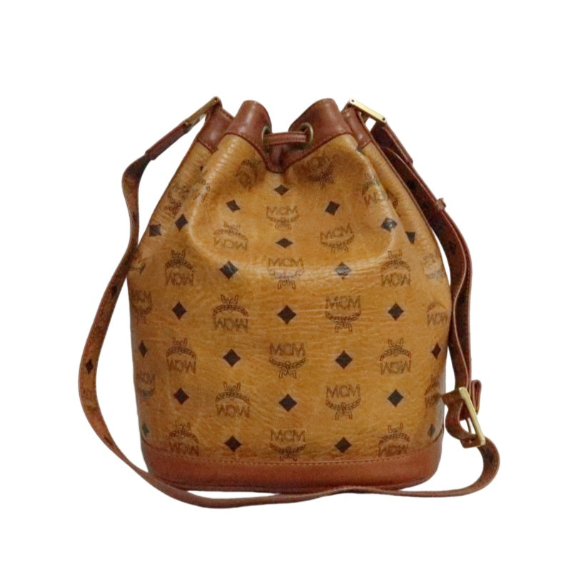 MCM Visetos Classic Monogram Camel Brown Drawstring Bucket Shoulder Crossbody Bag With Leather Trim, Gold Hardware