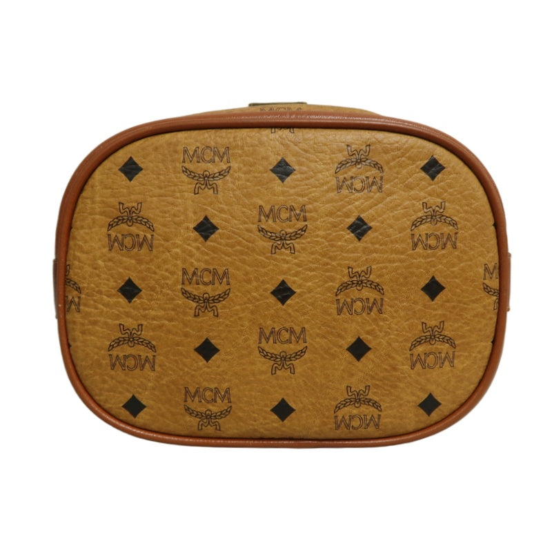 MCM Visetos Classic Monogram Camel Brown Drawstring Bucket Shoulder Crossbody Bag With Leather Trim, Gold Hardware