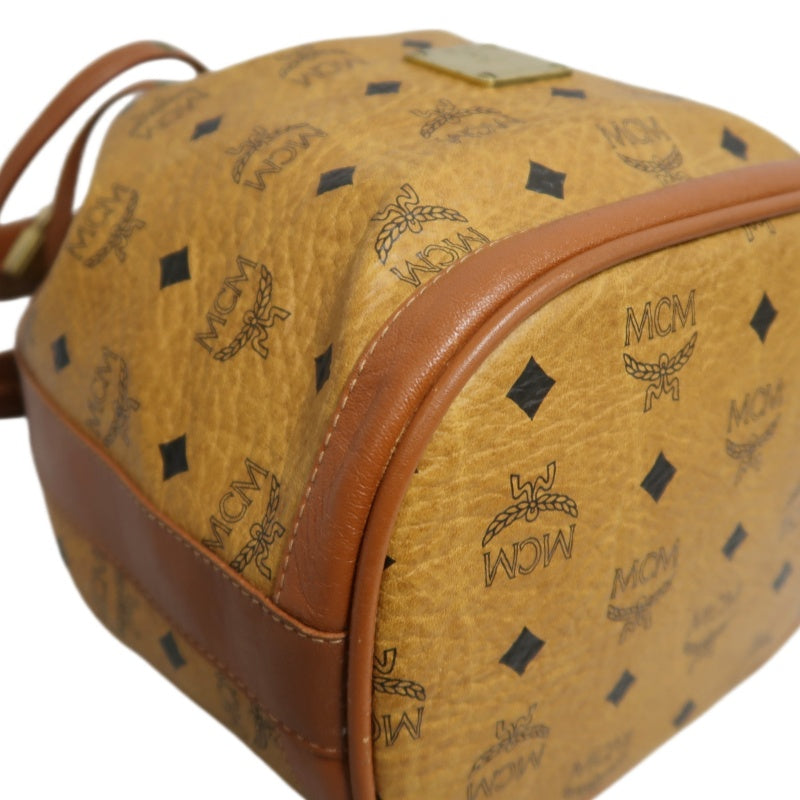MCM Visetos Classic Monogram Camel Brown Drawstring Bucket Shoulder Crossbody Bag With Leather Trim, Gold Hardware