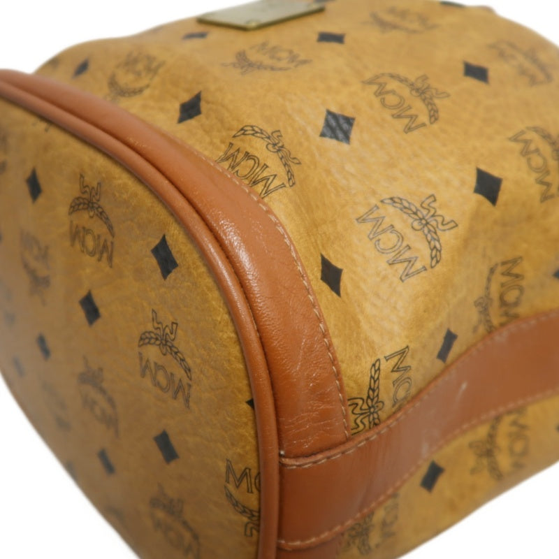 MCM Visetos Classic Monogram Camel Brown Drawstring Bucket Shoulder Crossbody Bag With Leather Trim, Gold Hardware