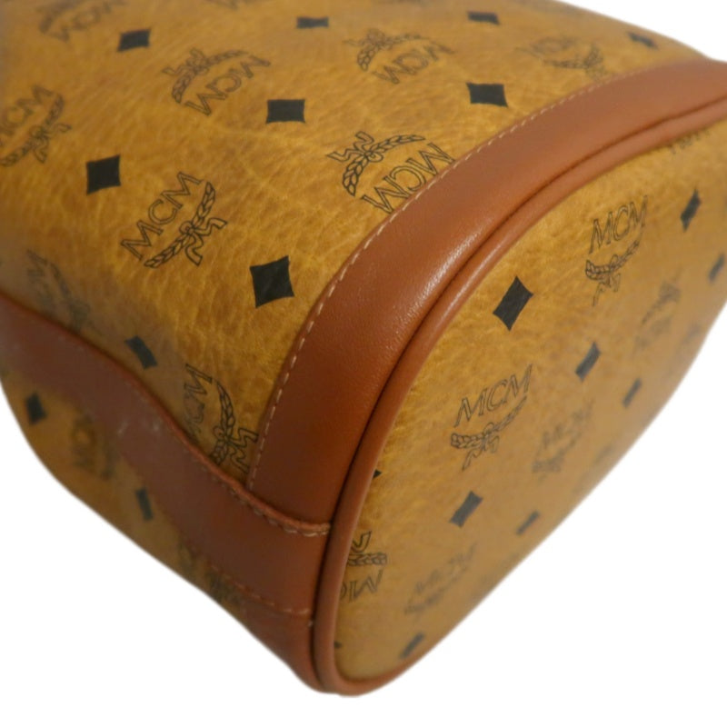 MCM Visetos Classic Monogram Camel Brown Drawstring Bucket Shoulder Crossbody Bag With Leather Trim, Gold Hardware