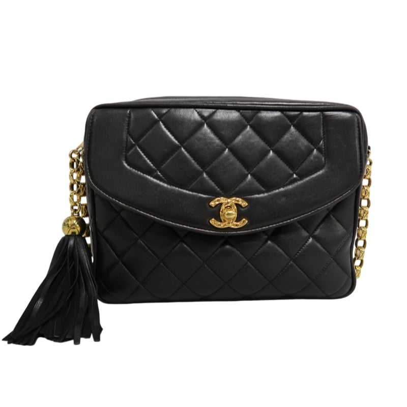 CHANEL Vintage Matelasse Tassel Chain Shoulder Bag Lambskin Black Gold Hardware