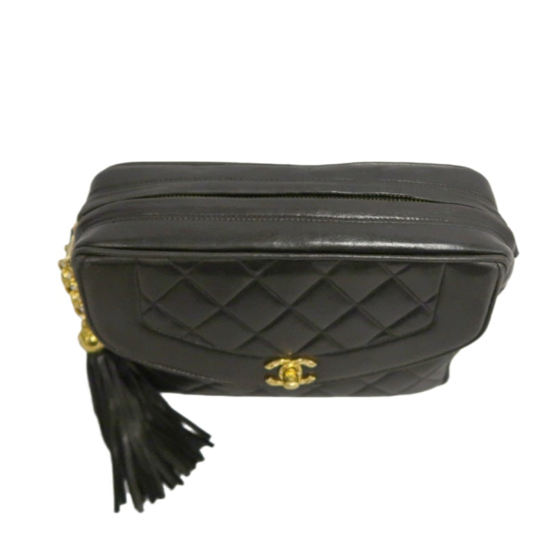 CHANEL Vintage Matelasse Tassel Chain Shoulder Bag Lambskin Black Gold Hardware