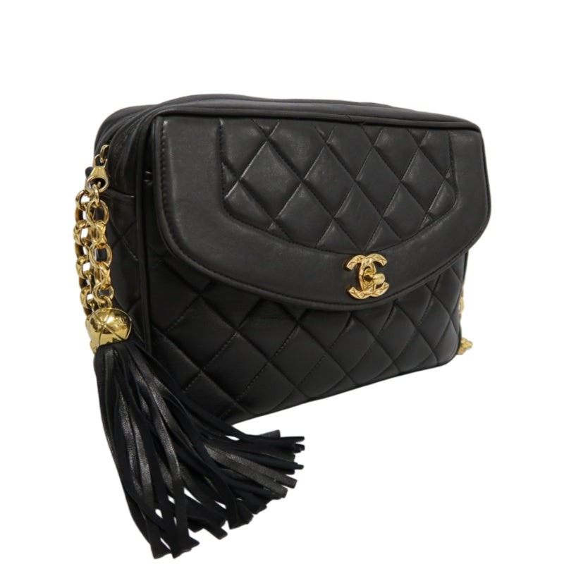 CHANEL Vintage Matelasse Tassel Chain Shoulder Bag Lambskin Black Gold Hardware