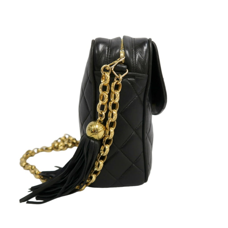 CHANEL Vintage Matelasse Tassel Chain Shoulder Bag Lambskin Black Gold Hardware