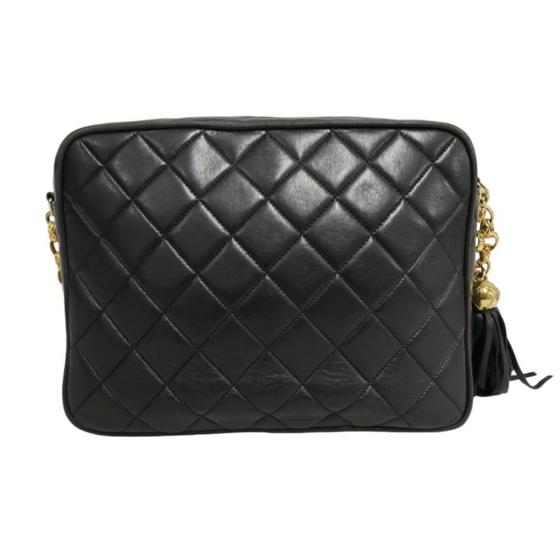 CHANEL Vintage Matelasse Tassel Chain Shoulder Bag Lambskin Black Gold Hardware