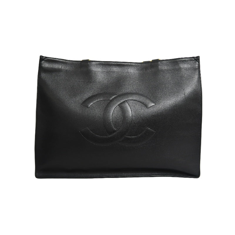 CHANEL XL Embossed CC Logo Lambskin Tote Bag Black Soft Calfskin Gold Hardware Chain Strap Spacious Vintage Iconic Classic Shopping Commute Bag