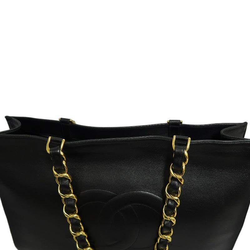 CHANEL XL Embossed CC Logo Lambskin Tote Bag Black Soft Calfskin Gold Hardware Chain Strap Spacious Vintage Iconic Classic Shopping Commute Bag