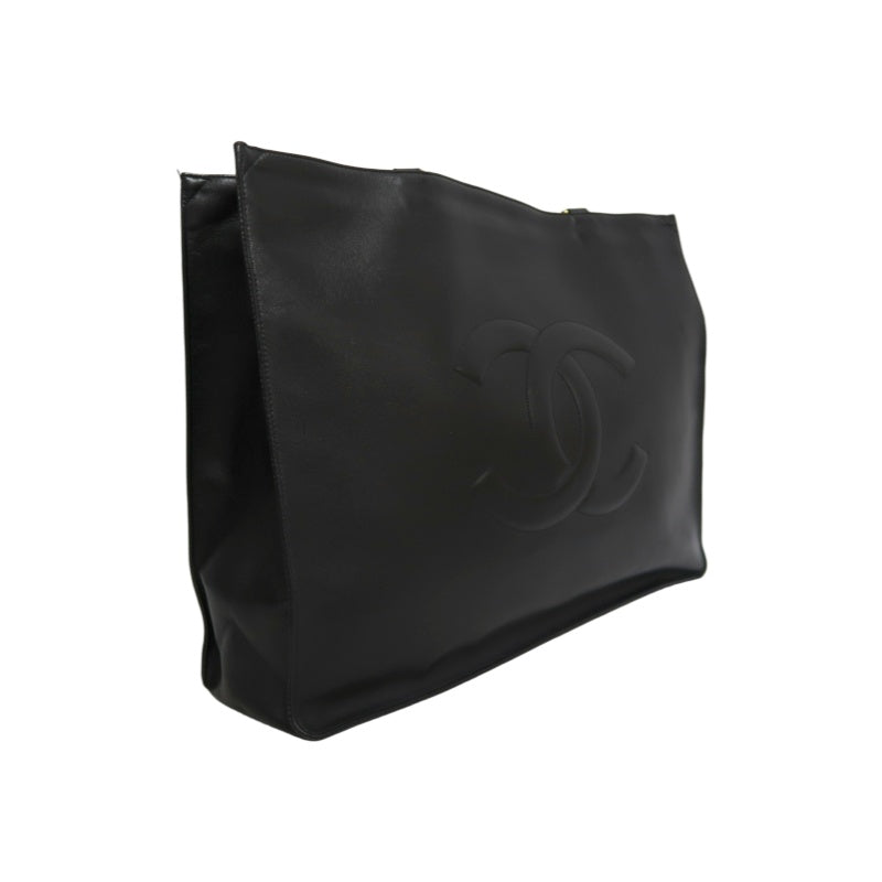 CHANEL XL Embossed CC Logo Lambskin Tote Bag Black Soft Calfskin Gold Hardware Chain Strap Spacious Vintage Iconic Classic Shopping Commute Bag